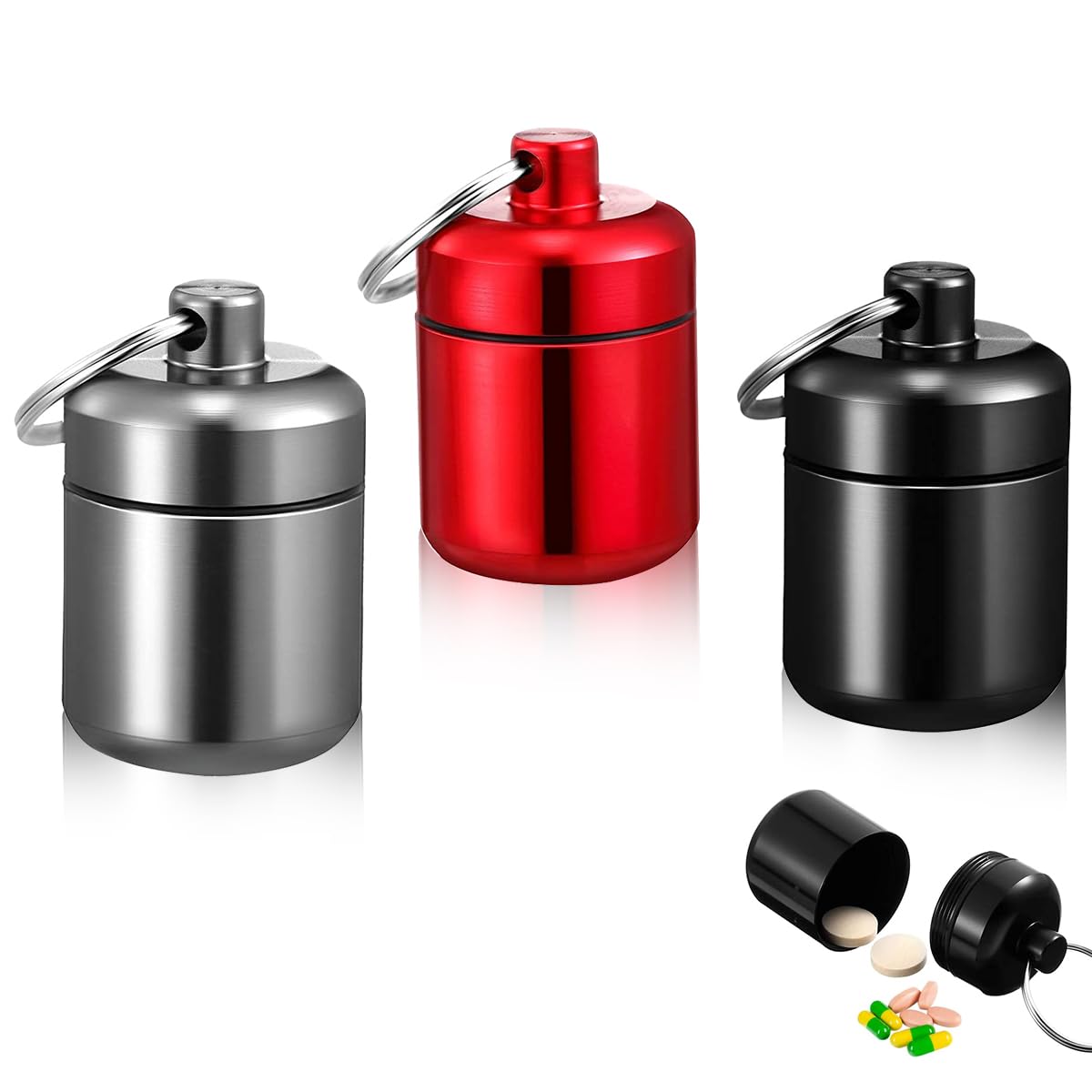HANNEA 3PCS Mini Aluminum Keychain Medication Pill Box, Waterproof Mini Metal Pill Holder Medicine Bottle for Outdoor, Travel, Camping, Style A HANNEA 3PCS Mini Aluminum Keychain Medication Pill Box, Waterproof Mini Metal Pill Holder Medicine Bottle for Outdoor, Travel, Camping, Style A